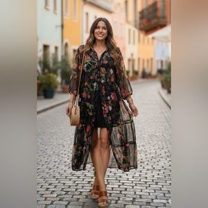 Chic Black Floral Maxi Dress Kimono